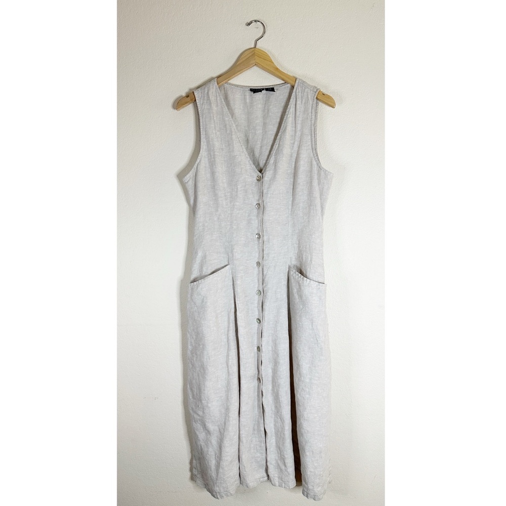 TAHARI tan sleeveless linen button front minimalist midi dress 10